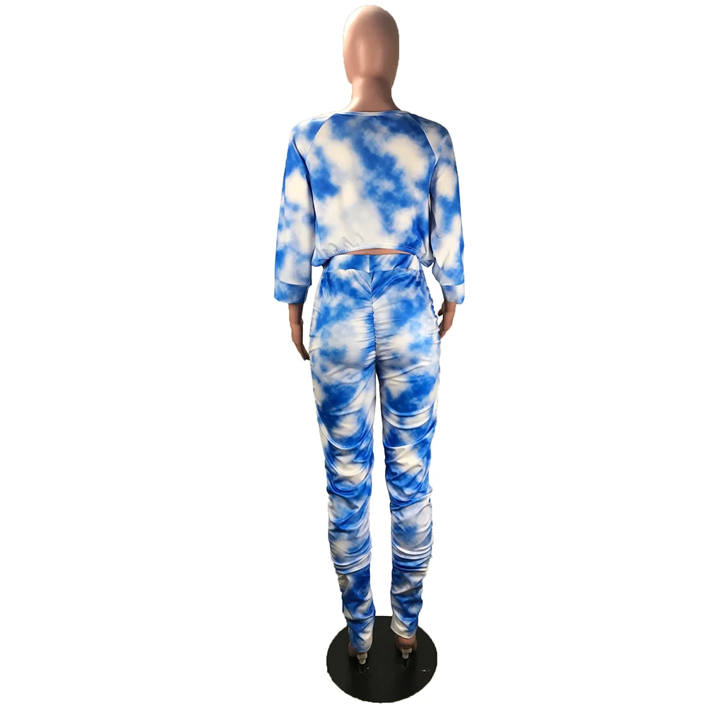 

Tie Dyeing Print 2 Piece Matching Sets Teenage Girls Clothes Low-Neck Full Sleeve Crop Top Stacked Legging Pant Plus Size Outfit