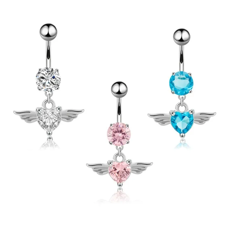 

Angel Wings Feather Zircon Navel Ring Heart-Shaped Belly Button Barbell Crystal body jewelry Dangling Piercing Ring For Woman