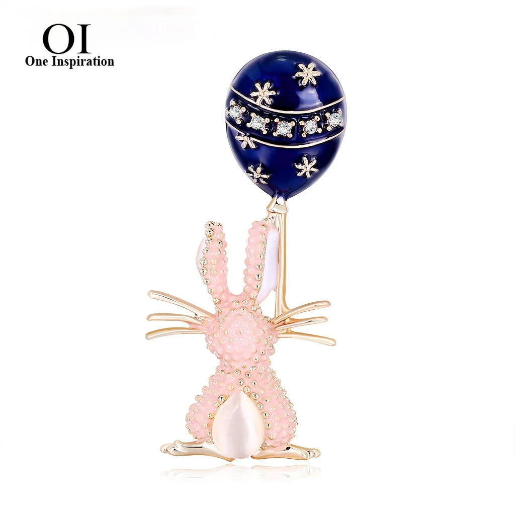 

OI Kawaii Enamel Balloon Rabbit Shape Brooches For Women Gold Color Cartoon Animal Brooch Hijab Pins