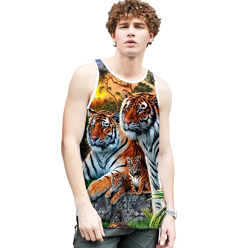 

Модный костюм животного тигра 3d Бодибилдинг топы без рукавов для мужчин и женщин фитнес-жилет Повседневная крутая одежда унисекс с круглым ...