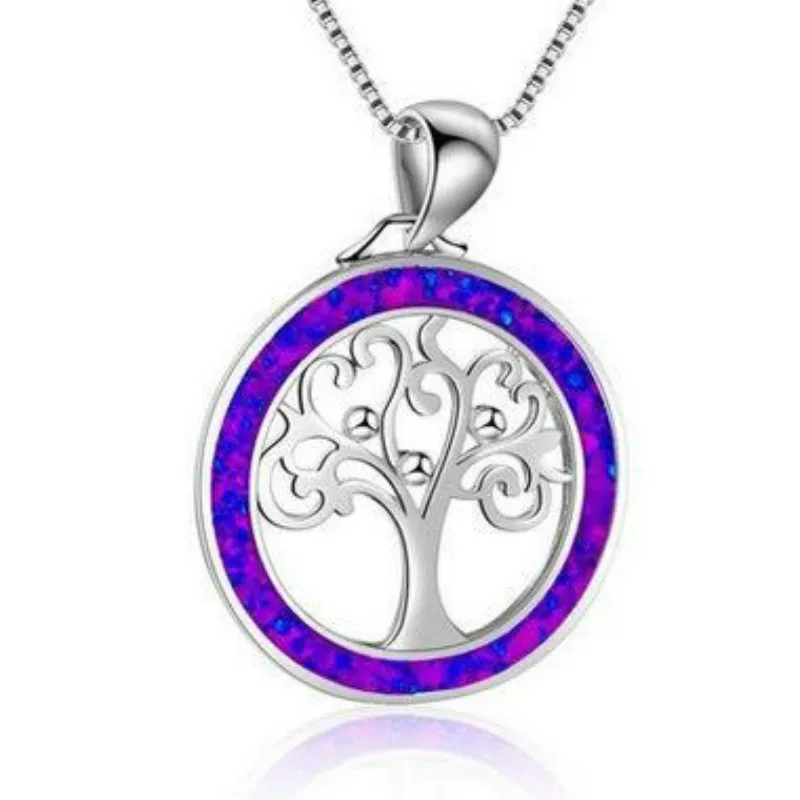 Женское колье с подвеской Древо жизни маленькое голубым опалом серебряного