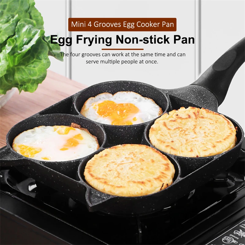 

4 Holes Egg Frying Pan Multifunction Hamburger Steak Non Stick Pan High Quality Silicone Handle Cooking Pan Cooking Utensils