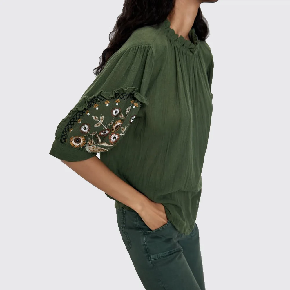 ZA 2019 осень новая вышитая зеленая Нижняя рубашка Мода Boho женская одежда