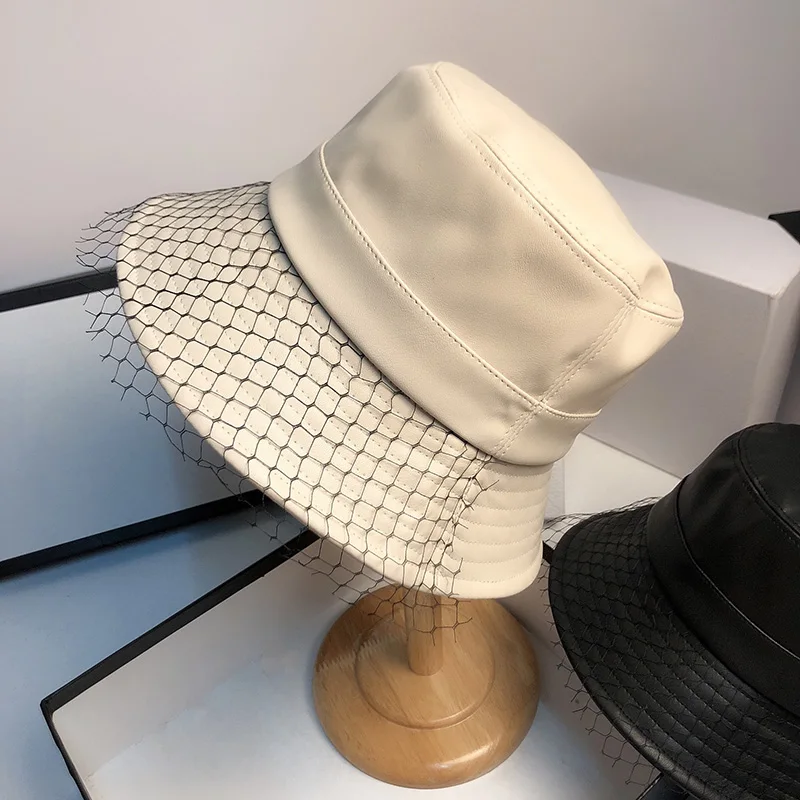 Fashion PU Bucket Hat Leather Fishing Cap Soild Foldable Hiking Hat Hip-Hop Street Waterproof Panama for Women and Men