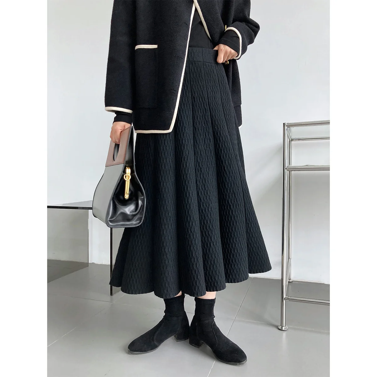 

High Waist Ruched Detailed Long Knit Pleated Skirt Black / Khaki