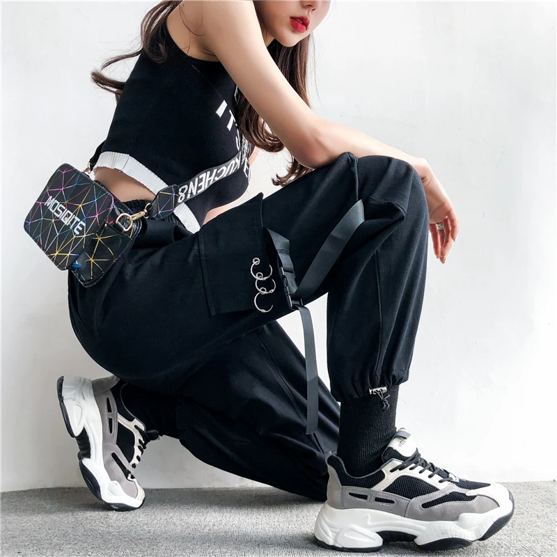 Уличные женские штаны Карго корейские эластичные шаровары с высокой талией