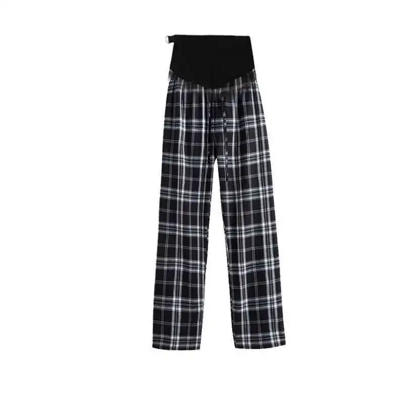 

Winter Summer Pregnant Women Pregnancy Pants Loose Elastic Maternity Clothing Pants Female Plaid Wide Leg Trousers