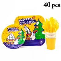 40 pcsset party disposable tableware paper cups dessert cake plate plastic food spoon fork for christmas halloween events
