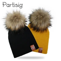 winter kids boy girl leather labled knitted artificial raccoon pompom hat crochet childrens caps baby beanie hats bonnet