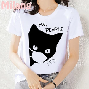 Cat Funny Face Animal Mujer Camisetas White Tops T Shirts Aesthetics Graphic Casual Goth Short Sleeve Polyester Womens T-Shirt