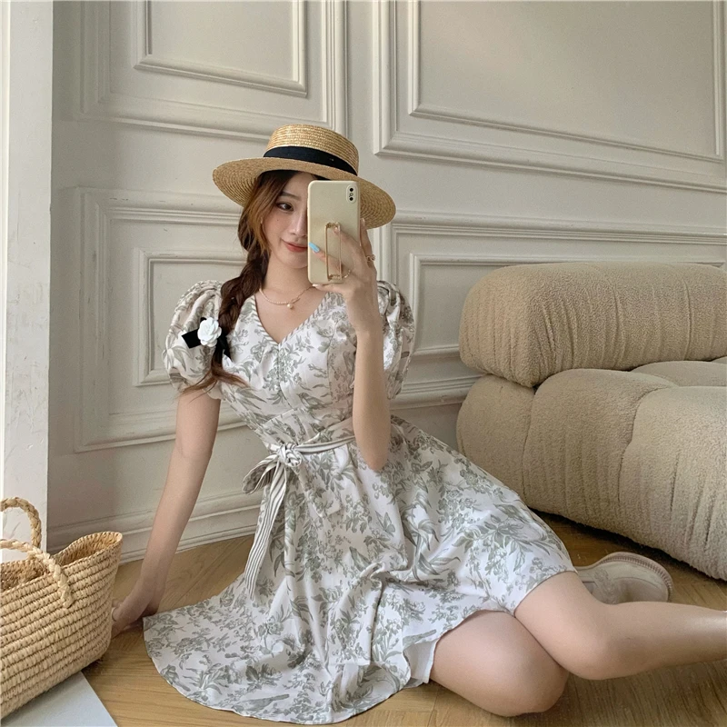 

COIGARSAM French Style Print Women Vintage High Waist Dresses Wash Dress 3329