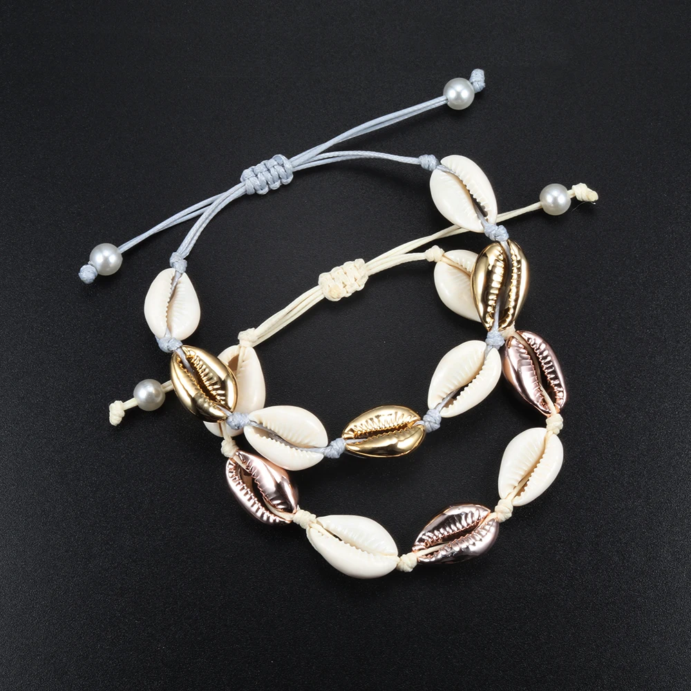 High Quality Women Shells Bracelets Rose Gold Color Natural Shell Knit Bracelet Bangle Jewelry Summer Beach Girl Gift Free Size | Украшения
