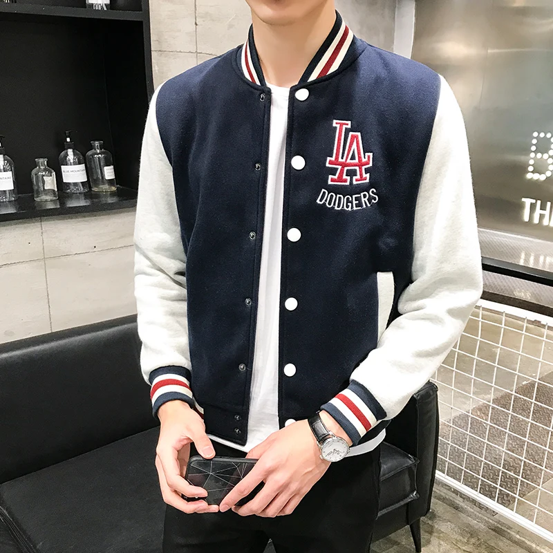 

2021 New Arrival Letter Rib Sleeve Cotton Embroidery Logo Single Breasted Casual Bomber Baseball Jacket Loose Cardigan Coat