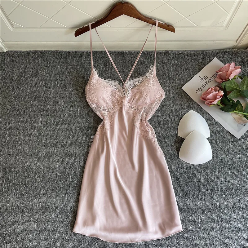 

Mini Backless Nightgown Sexy Suspender Lace Nightdress Lady Sleepwear Sleepshirt Summer Satin Intimate Lingerie V-Neck Home Wear