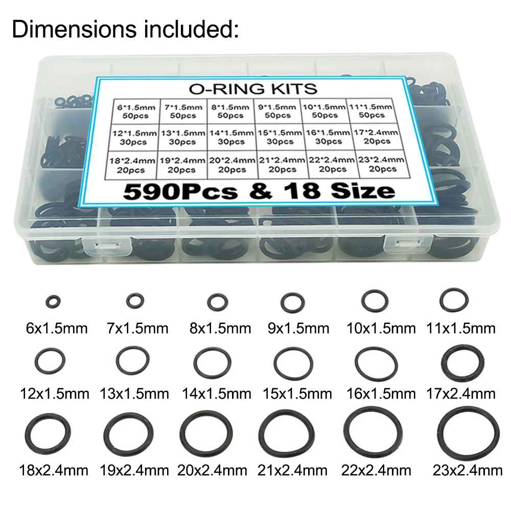 

590 Pieces Diameter 6mm to 23mm Thickness 1.5mm to 2.4mm Nitrile Rubber NBR O-Ring Gasket Ring Assortment Kits Shim Washer