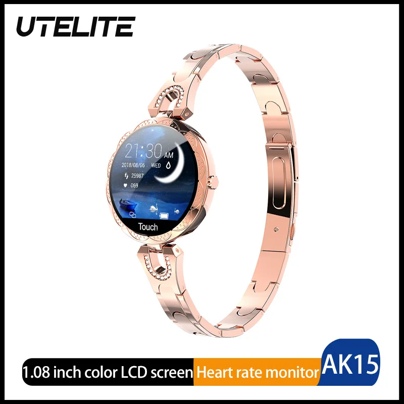 UTELITE AK15 Смарт часы для женщин 1 08 дюймов LCD пульсометр кровяное давление Часы Bluetooth