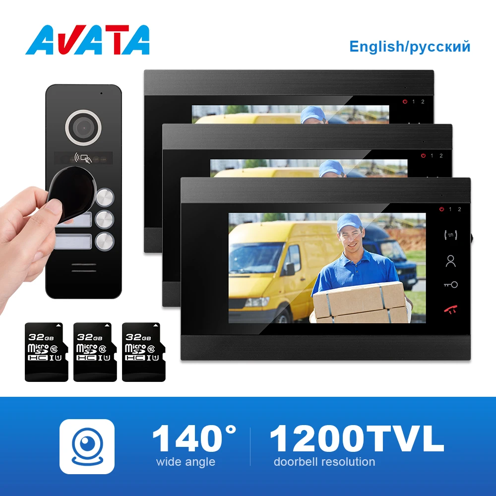 

Wired Video Intercom System for Buildings Apartment Entry Phone Door Phone 3 Monitors and 1 Doorbell with Key Card