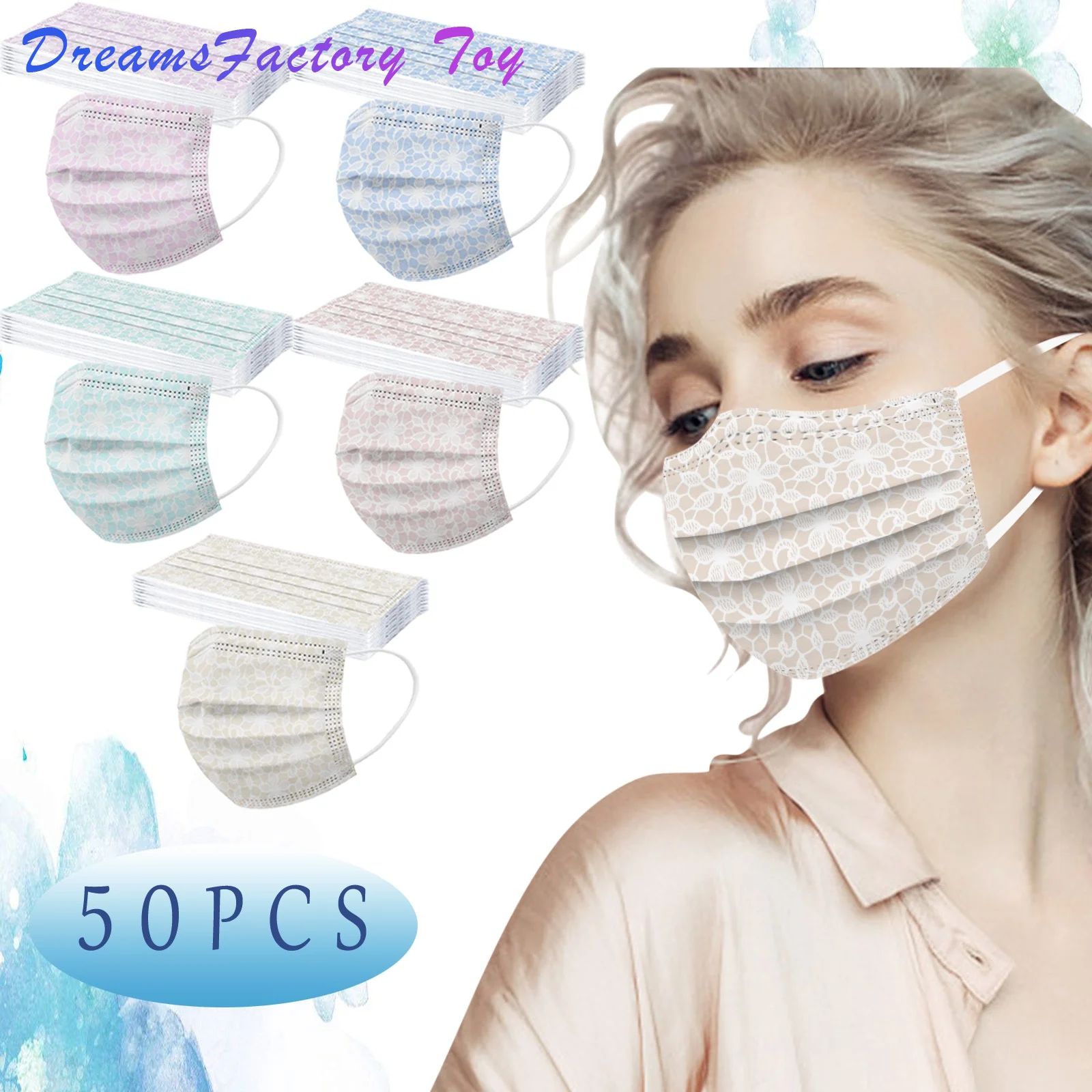 

50pcs Adult Rainbow Mask Disposable Face Mask Cherry Blossom Print 3ply Ear Loop Flower Halloween Cosplay Mask Mascarilla