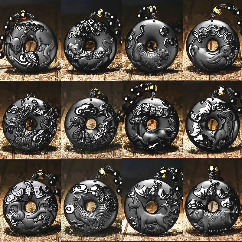 Натуральный черный обсидиан Китайский Зодиак кулон ожерелье модное очарование