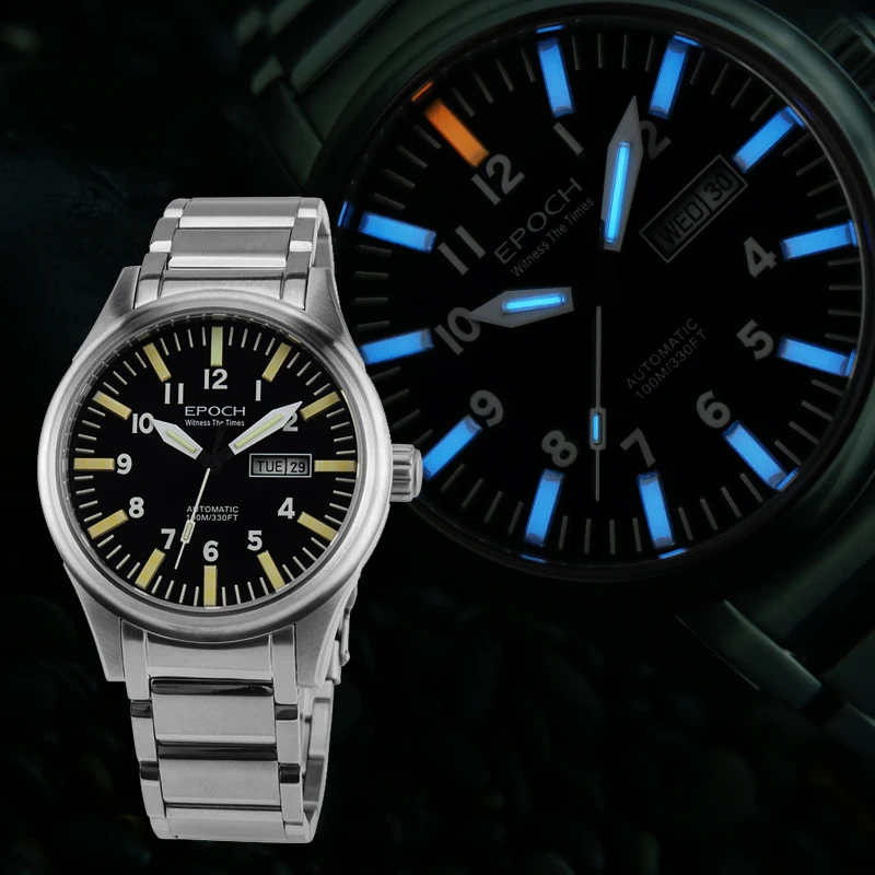 Продажа Часы EPOCH Tritium T100, Радужный светильник, Мужские автоматические механические часы, Япония, топ, движение, мужские часы T 21Jewels Sapphire WR100M, военные ч...