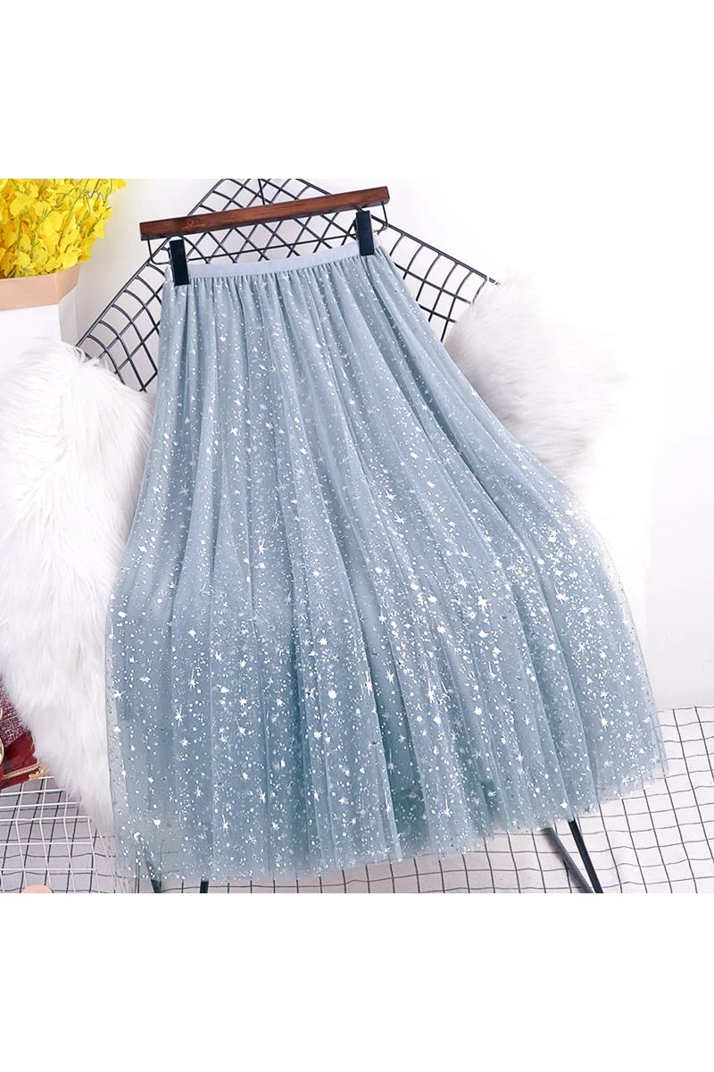 

Smlinan Spring Summer Mesh Sequined Elegant High Waist Skirt Women Fashion Casual Long Skirts Korean Style Tulle Mid-calf Skirt