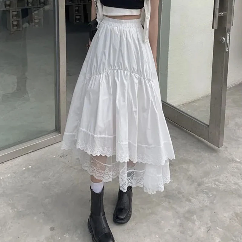 Женская плиссированная юбка черная Готическая кружевная Асимметричная длинная