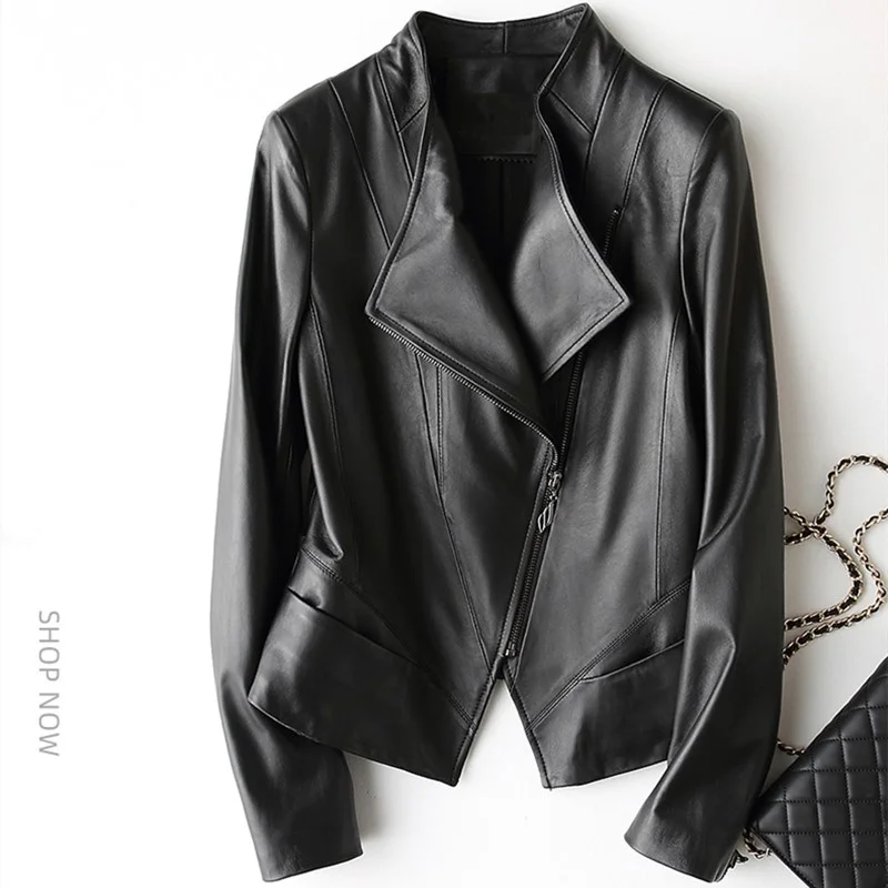 Slim Short Sheepskin Jacket Women's Cool Black Genuine Leather Jacket Autumn Stand Collar Zipper Motorcycle Coat Female Tops