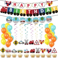 practical transportation cars theme balloons set happy birthday banner garland train school bus fire cake toppers baby party