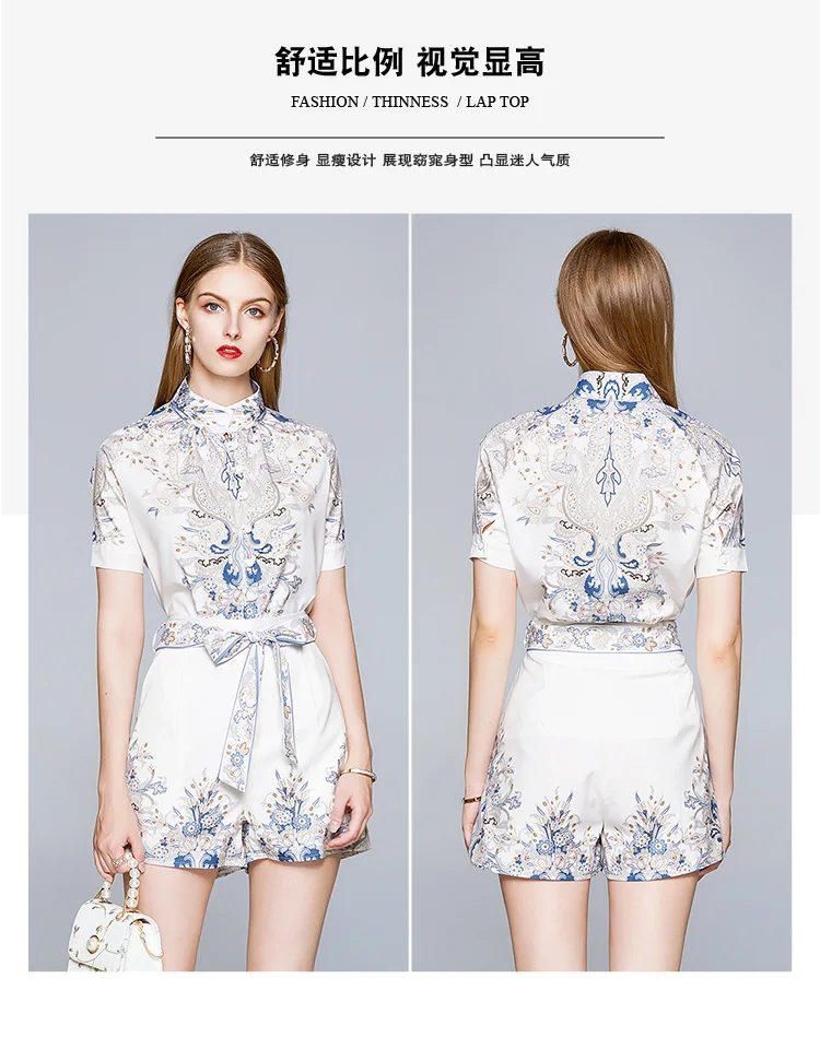 

Summer Runway Designer Flower Printed Two-piece Set Women Stand Short Sleeve Shirt Top and Belt Pocket Shorts Suits Set
