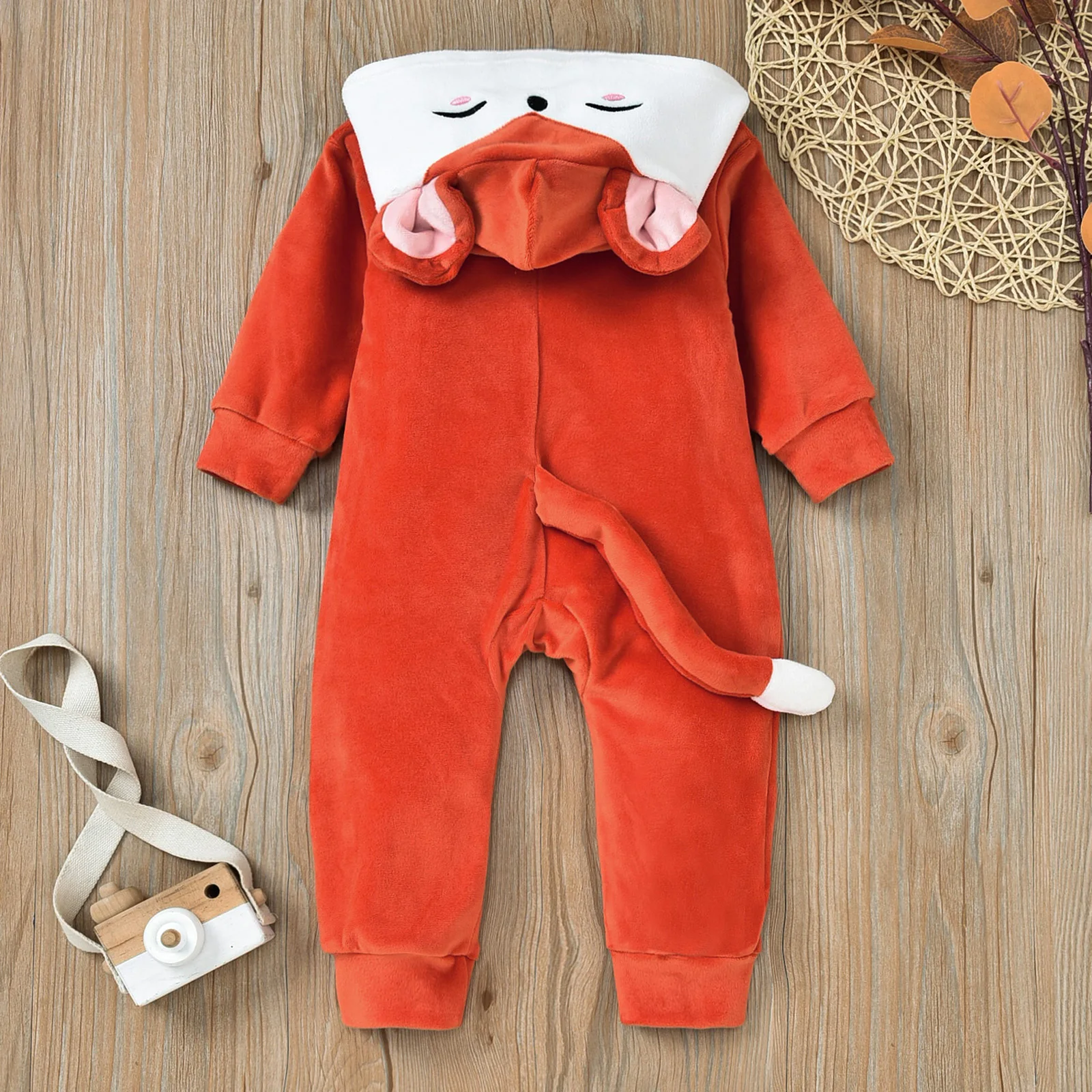 Infant Romper Newborn Baby's Clothes Fox Hooded Jumpsuit With 3D Tail Smooth Zipper Cartoon Style Autumn Children's Clothing Set |
