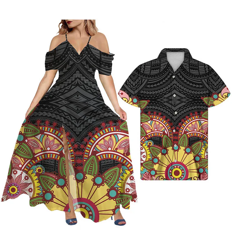 

Hycool Sexy Couple Outfits Off Shoulder Loose Plus Size Prom Dress Polynesian Tribal Design Black Summer Casual Maxi Dress 2021