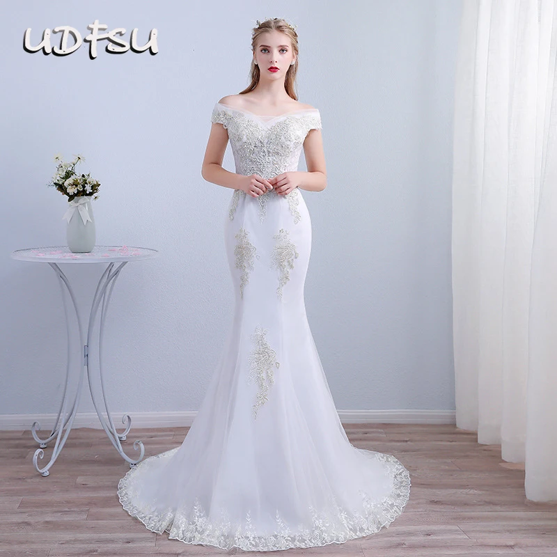 

UDFSU Women Boat Neck Elegant Wedding Dress Off Shoulder Vintage Bride Gowns Backless Bodycon Lace Wedding Gown