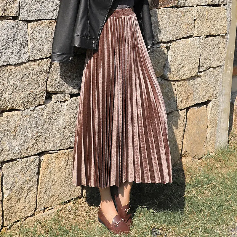 

2020 new Korean style Velvet Long Skirt Womens Pleated High Waist Casual Loose Office Lady Clothes Bottoms Skirts Plus Size