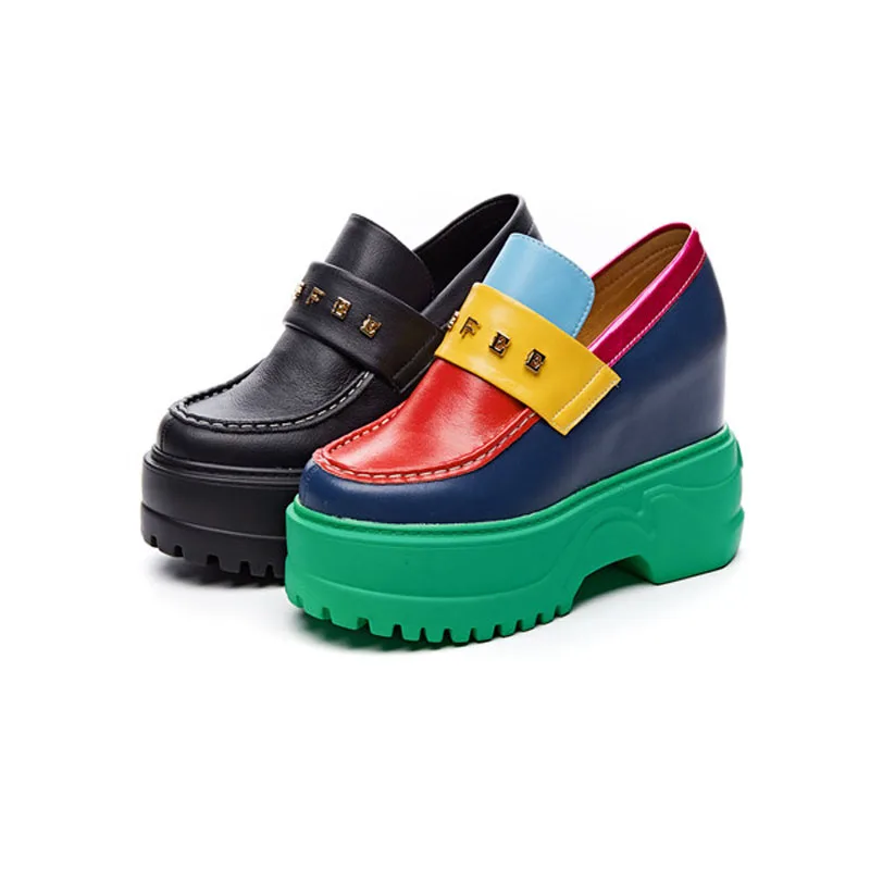 

Womens Round Toe Rainbow Colors Real Cow Leather Platform Wedge High 4.33'' Heel Brogue Wingtip Shoes British Style Loafers