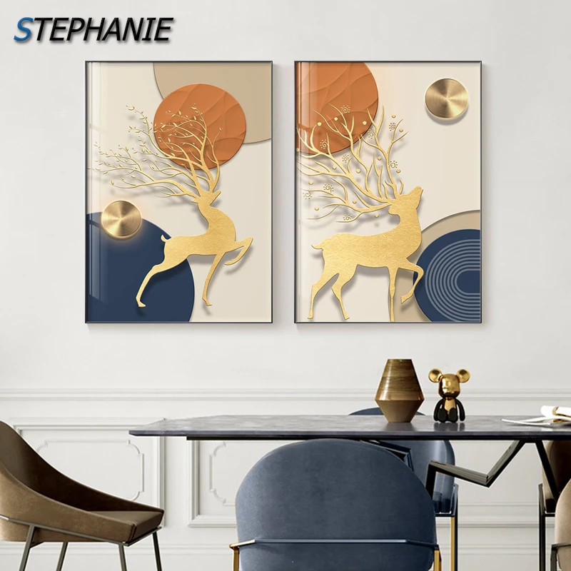 

Nordic Abstract Golden Deer Painting Canvas Luxury Geometric Posters Prints Orange Blue Wall Art Pictures for Living Room Decor