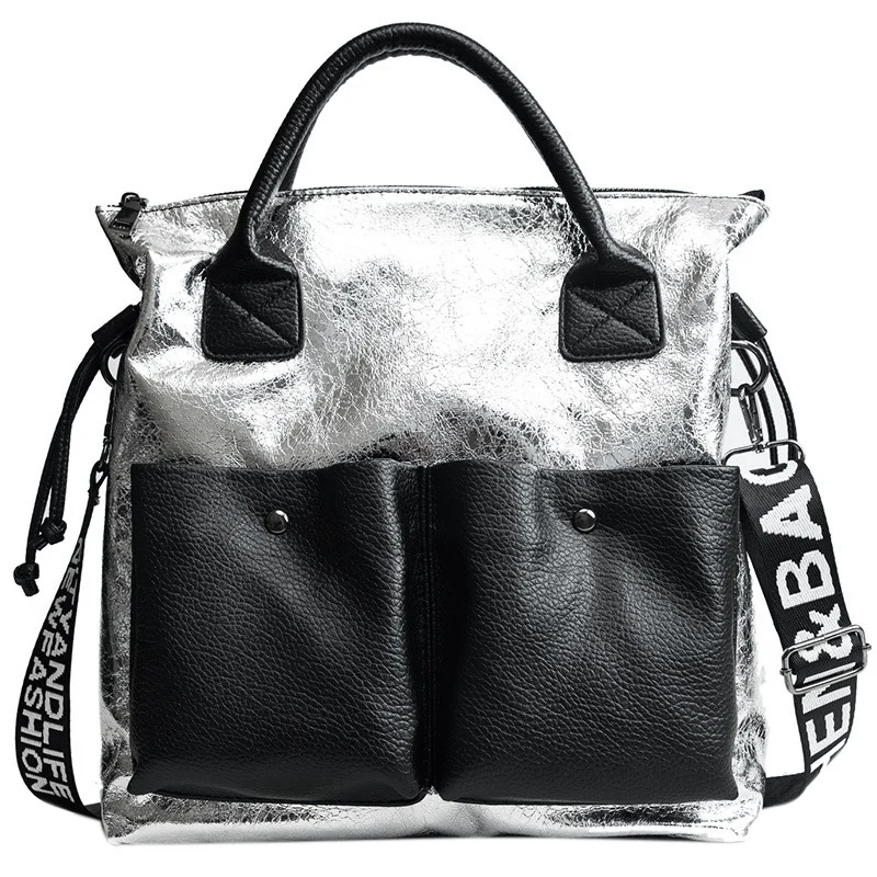Large Capacity Women Bags Fashion Shopping Bag Double Pocket Girl Casual Tote Young Lady Handbags Shoulder Silver |