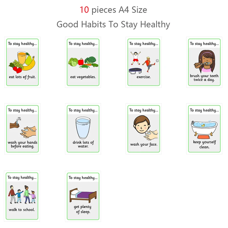 10 шт. английские детские флэш-карты хорошие привычки чтобы сохранить здоровый А4