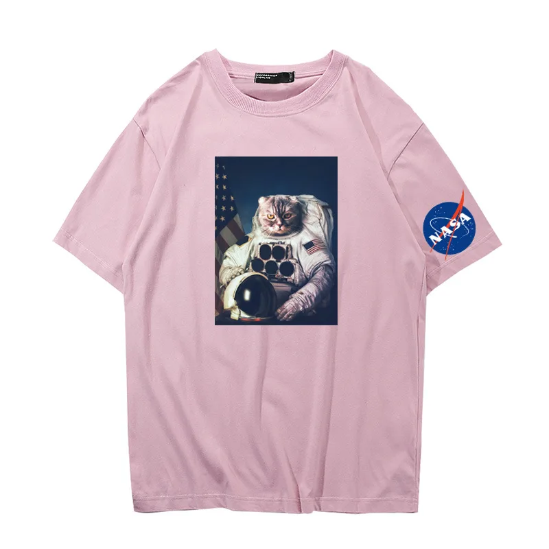 

Cartoon anime men and women short-sleeved T-shirt loose couples cotton tide cat cat astronaut