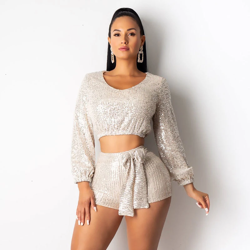 Fuedage Sequins сексуальный комплект из двух предметов Блестящий сверкающий топ и штаны женский комплект 2 шт. с пышными рукавами и v-образным вырезом женские комплекты из двух предметов