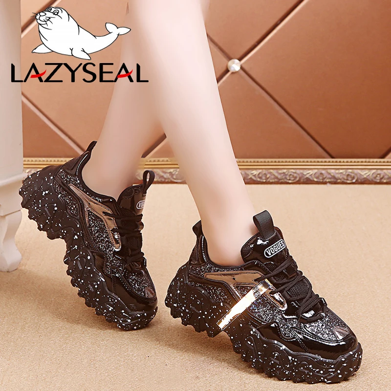 Женские кожаные кроссовки LazySeal на толстой подошве с блестками дышащие со