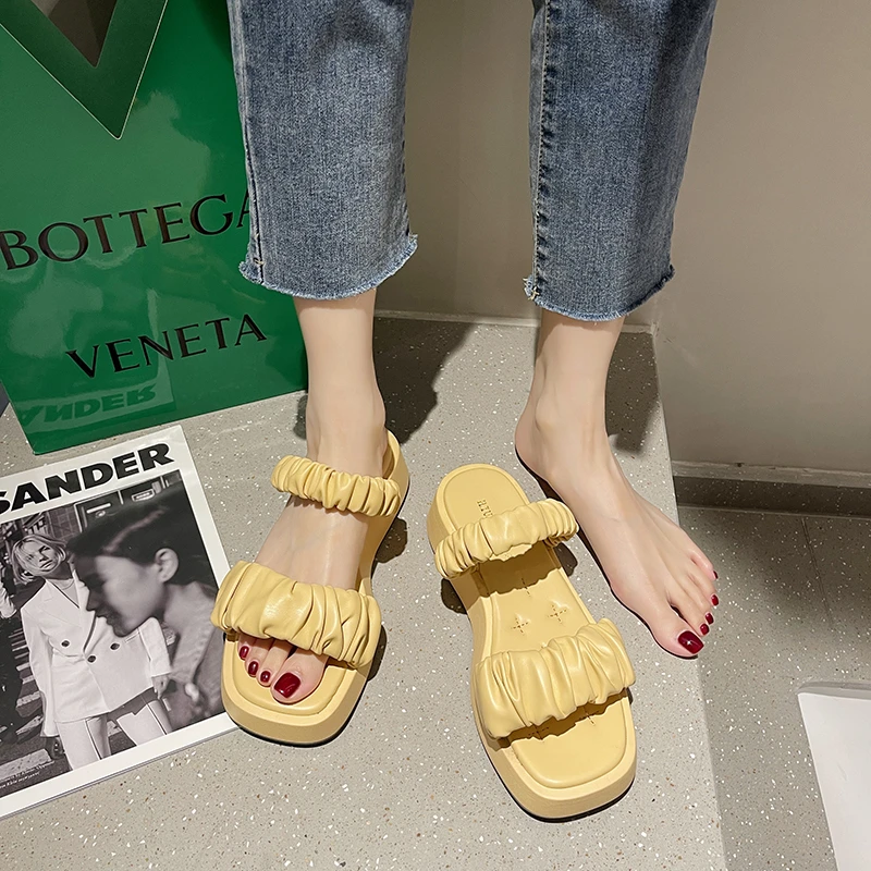 

Women's Slippers Fashion Simple Folds One-word Upper Casual All-match Solid Color Outer Wear Muffin Bottom Women's Slippers 2021
