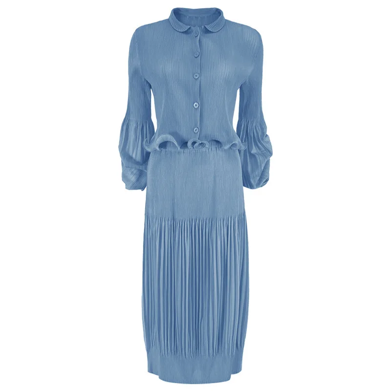 

TVVOVVIN 2021 Spring New Korean Pleated Two-piece Set Long Sleeve Edible Tree Fungus Tops High Waist Skirt Fashion HQIK
