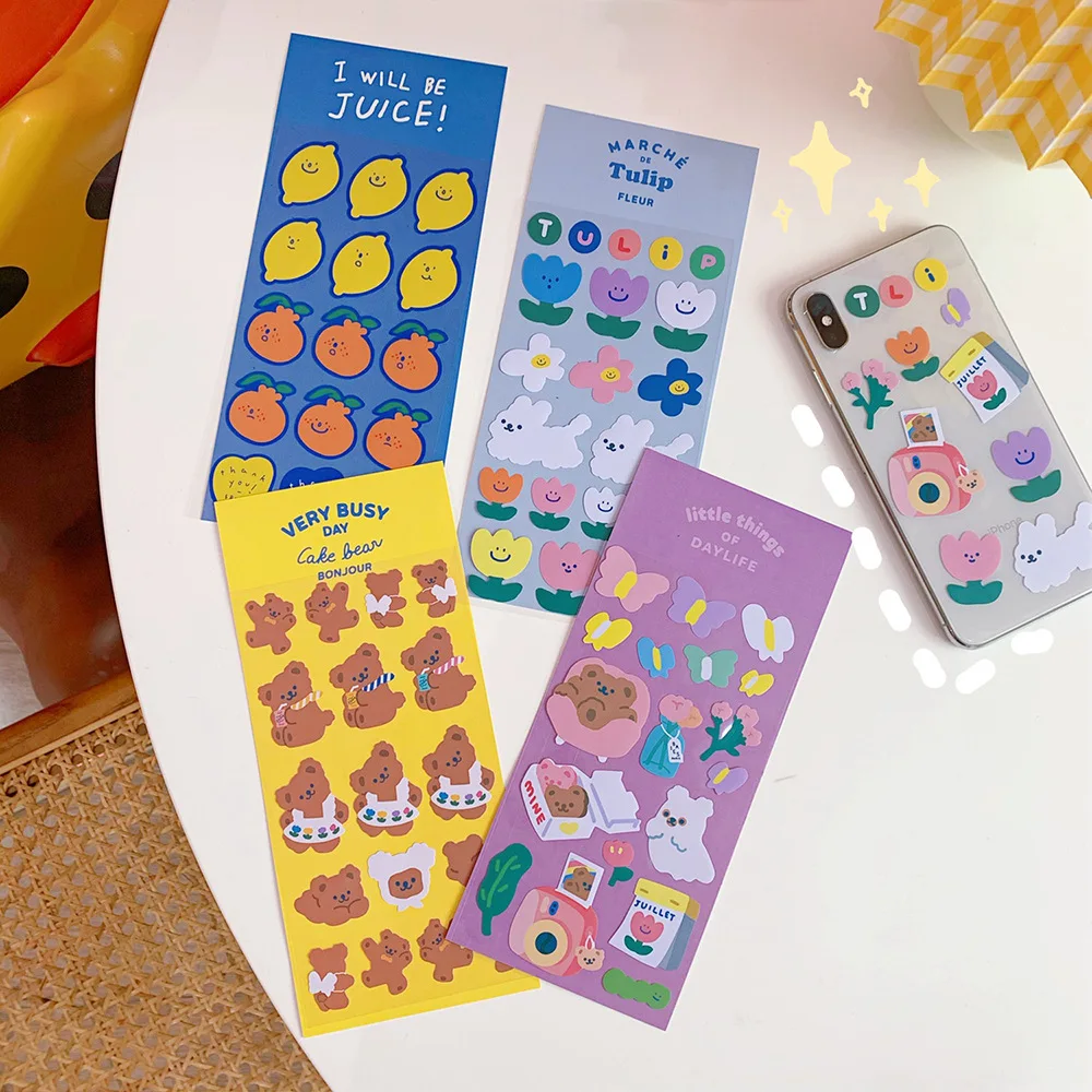 Корейские Мультяшные медвежонки тюльпаны милые наклейки без следов