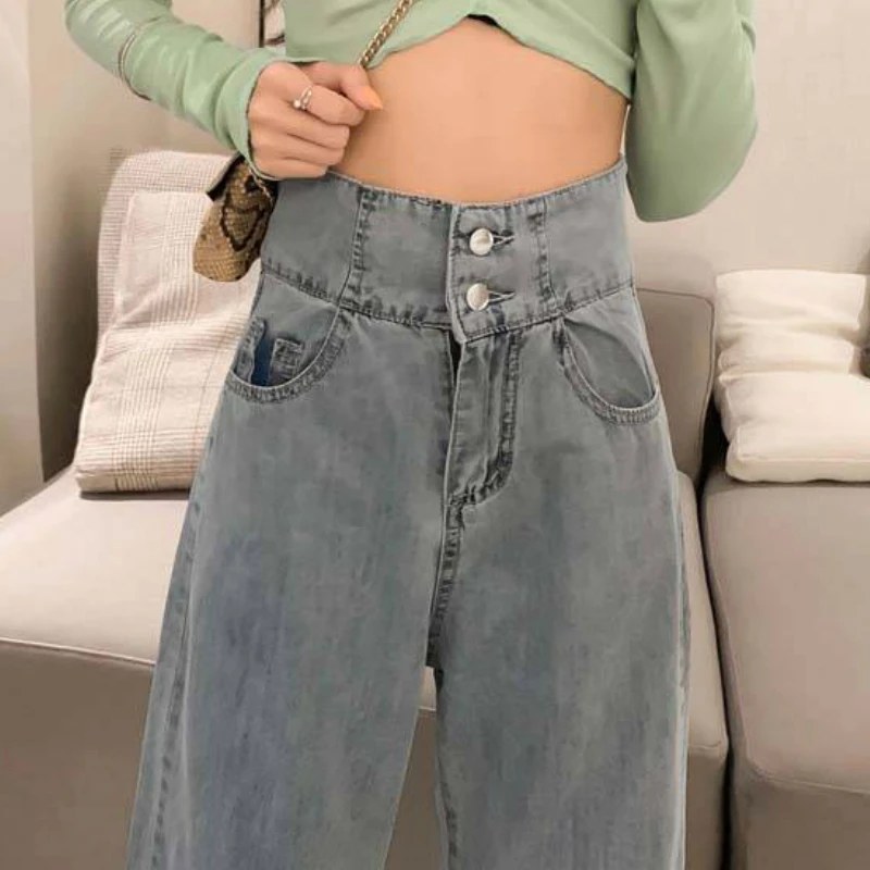 

Vintage Summer New Jeans Women Mopping Long Solid Wide-leg High-waist Hollow Out Korean-style Sexy Trendy Womens Chic Slim Drape