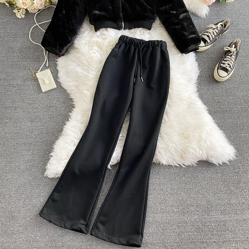 

Autumn and winter new style short loose stand collar zipper furry coat high waist wide leg flared trousers two-piece suit women