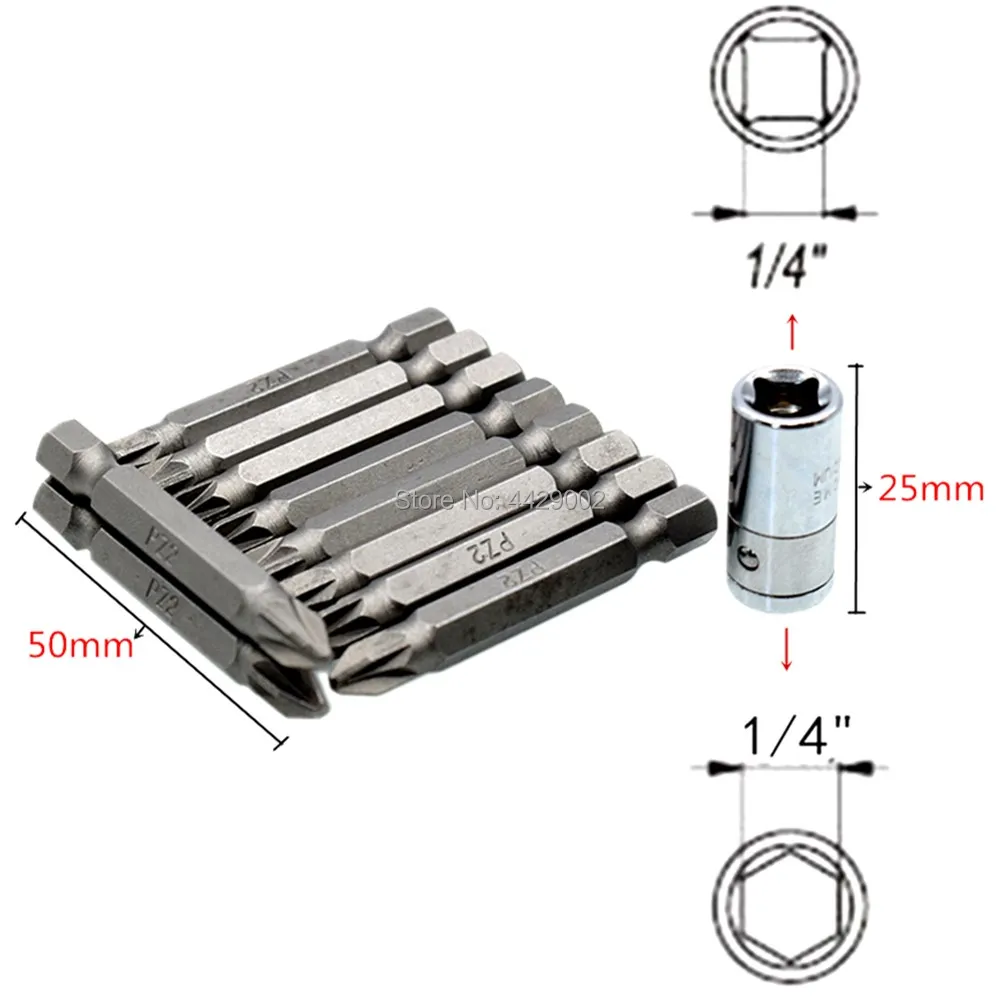 

1/4" Drive Square Socket to 1/4" Hex Bit Adapter Converter & 10x PZ2 50mm Pozi-drive 2 Screwdriver Drill Bits Set Magnetic