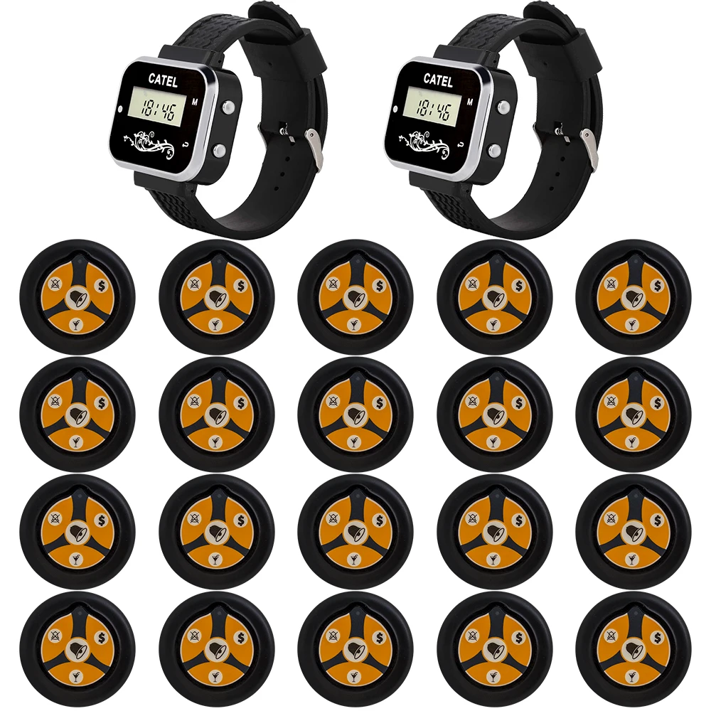CATEL 20 Call Button Transmitter 2 Watches Receiver Wireless Pager 433.92mhz for Restaurant Cafe Office Calling System Buzzer