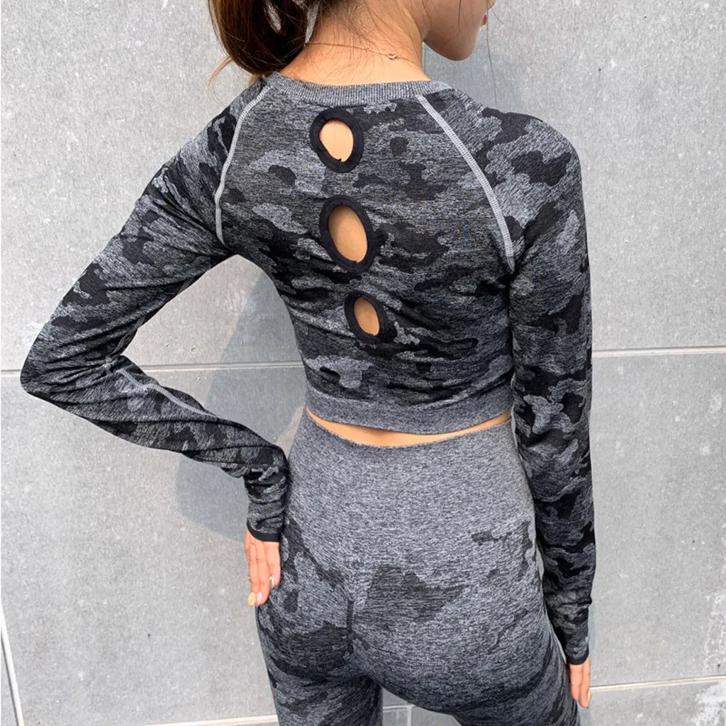 1 шт. женские комплекты для йоги бесшовные камуфляжные шорты с длинным рукавом