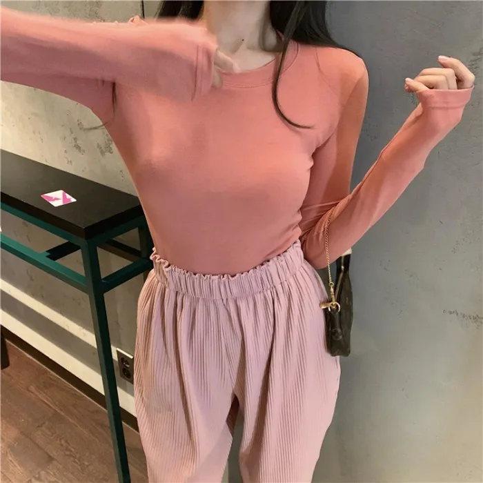 

Beautiful Western Style Cute Youth-Looking Retro Solid Color Basic Versatile Autumn Long Sleeve Multi-Color Bottoming T-shirt