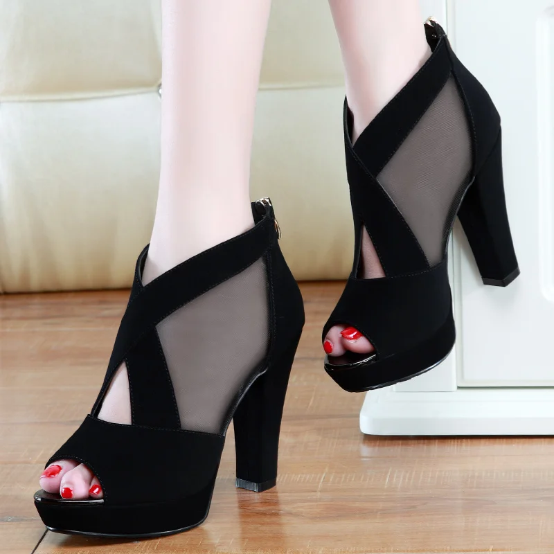 

Summer Fashion Female Dress Shoes Elegant Footwear Women High Heel Shoes Mesh Breathable Pomps Zip Pointed Toe Thick Heels